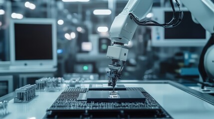 Fototapeta premium Robotic Arm Assembling a Microchip in a Cleanroom, Showcasing Precision in Intelligent Manufacturing