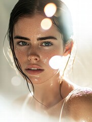 A captivating portrait showcasing a woman's beauty and piercing eyes with glistening water droplets on her face.