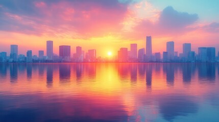 Fototapeta premium Cityscape sunrise reflection, calm water, colorful sky, urban development, travel brochure