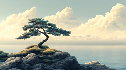 Lone bonsai tree on coastal rocks, serene cloudscape, peaceful ocean; meditation imagery