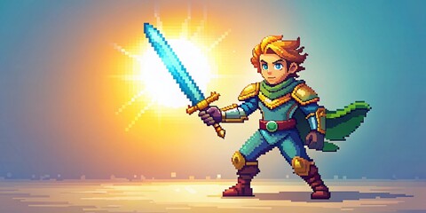 Obraz premium Brave Pixel Hero with Magical Sword: Fantasy Game Art Stock Photo