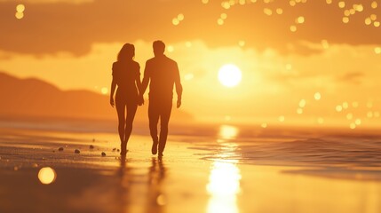 Fototapeta premium Couple enjoys a romantic sunset walk along a tranquil beach with gentle waves
