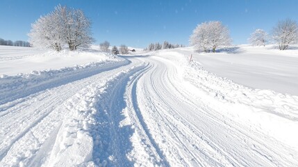 Snowy winding road through winter landscape. Use Winter travel brochure