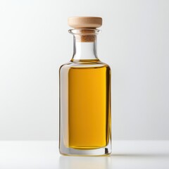 Elegant Glass Bottle Filled with Golden Olive Oil Displayed on a Minimalist White Surface