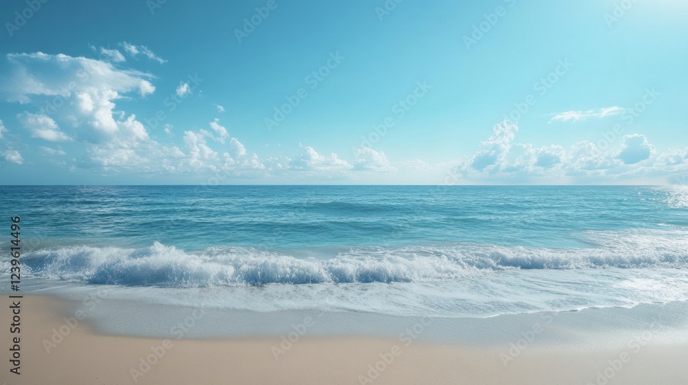 Aufkleber Waves gently lap against the sandy shore under a clear blue sky during midday at a serene beach location. Generative AI