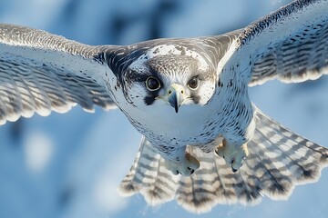 This is a close-up photo of a hawk gliding across the blue sky with its wings spread wide and looking at the ground.