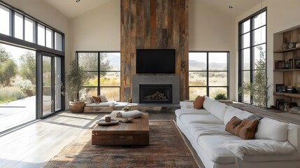 A large living room with a fireplace and a large white couch