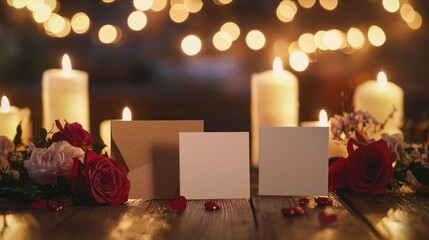 Valentine mockup card minimalist design. Romantic Evening Setting with Candles Cards and Roses on Wooden Table Under Bokeh Lights.