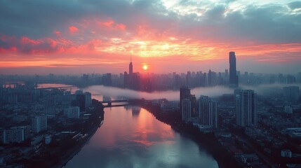 Fototapeta premium Cityscape at Sunrise: River, Skyscrapers, and Fog