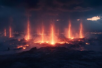 Naklejka premium This is a fantastic illustration of a dark and cloudy sky, red light emanating from cracks in the ground, and electricity as red as lightning.