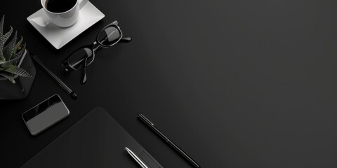 A pure black background with clean, minimalist typography elements, Spacious and organized layout