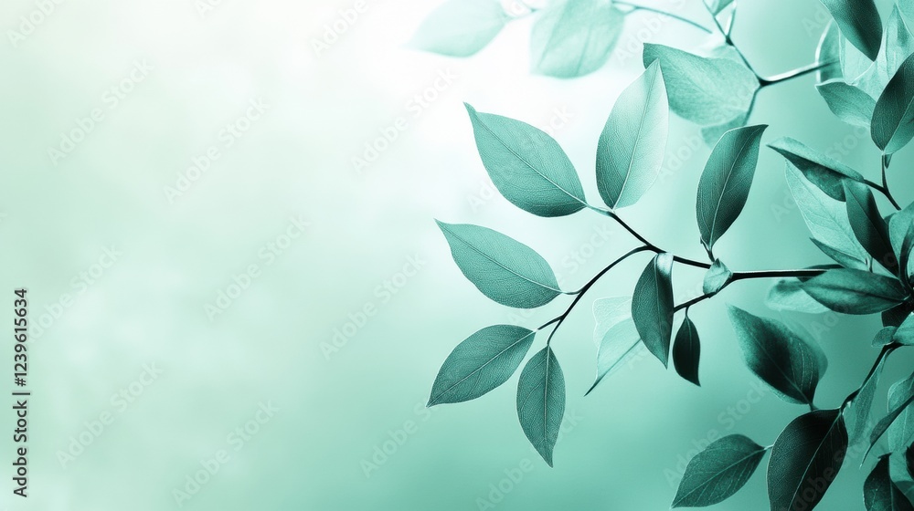 Poster Green leaves against a soft teal background create a tranquil and calming atmosphere for relaxation and meditation. Generative AI