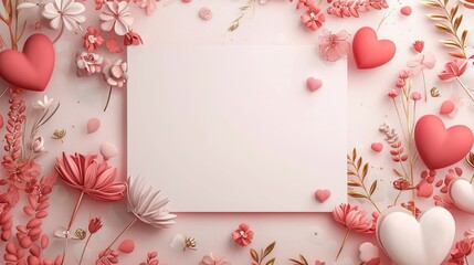 Valentine mockup card minimalist design. Romantic Hearts and Flowers Frame Design With Soft Pink Tones and White Space for Copy or Text.