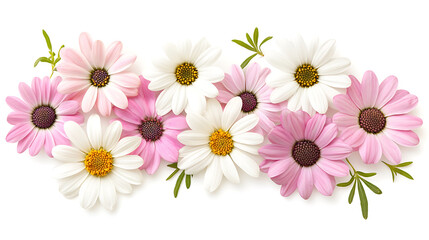 Fototapeta premium Beautiful cluster of osteospermum flowers in pink and white hues, showcasing vibrant petals and delicate greenery