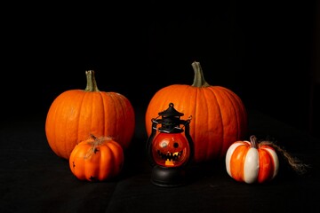 A Beautiful Arrangement of Festive Halloween Pumpkins and Lanterns Perfect for Autumn Celebrations and Gatherings