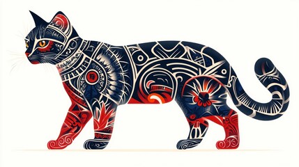 Fototapeta premium Ornate Cat Tattoo Design, White Background, Art Print