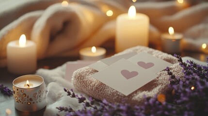 Valentine mockup card minimalist design. Romantic Setting With Lit Candles Warm Blanket and Hearts Card Creating Cozy Ambiance.