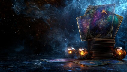 A magical scene with tarrot cards, candles, and crystals placed on a table, ready for fortune telling. It symbolizes the realms of astrology and esotericism