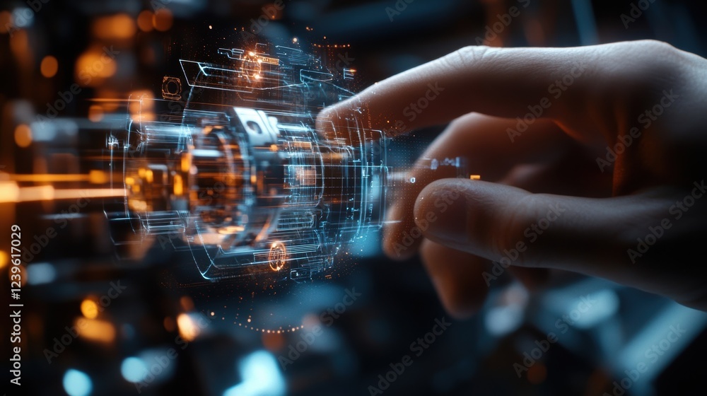 Poster engineer uses augmented reality technology to interact with a holographic projection of an engine, s