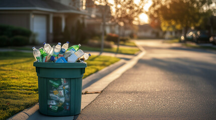 Recycling bin full of paper and plastic bottles on a suburban curbside in soft morning light