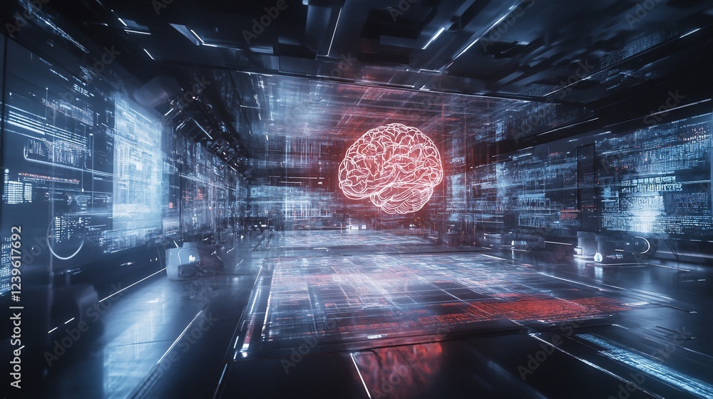 Poster futuristic brain interface deep dive into artificial intelligence core system