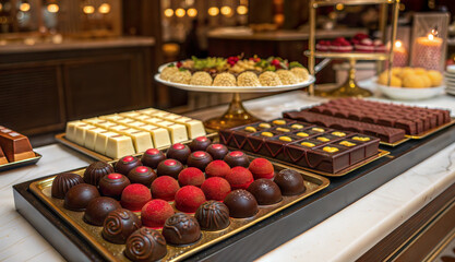 Assorted luxury chocolates on a golden dessert table