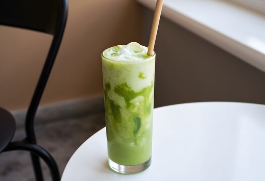 A tall glass of refreshing iced matcha latte with swirls of milk and ice cubes, served with a bamboo straw.