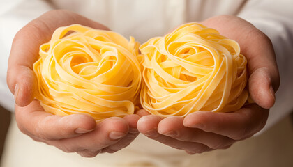 Fresh fettuccine egg dough pasta nests and hands of the chef holding another dose of the Italian specialty