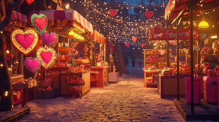 Naklejka premium Valentine mockup card minimalist design. Sweet Heart Market Night With Sparkling Lights And Candy Stalls Amidst Snowy Cobblestone Path.