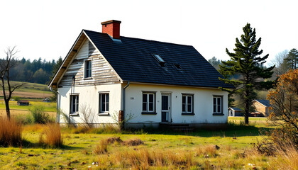 Obraz premium Abandoned house in countryside. Desolate residential building in nature. , with white tonespng