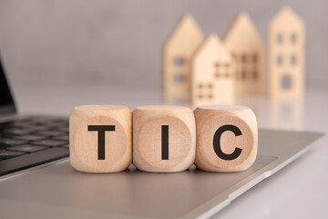 wooden cubes spelling TIC on a laptop, with blurred wooden houses in the background, symbolizing property sharing