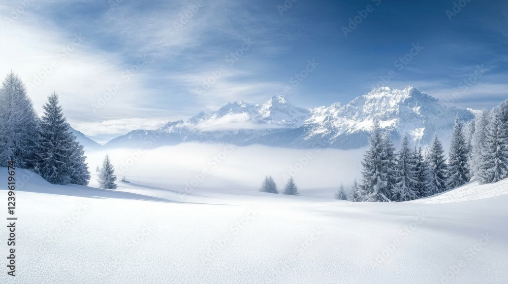 Aufkleber snow covered mountains and serene landscape under a clear sky during winter afternoon in a remote lo