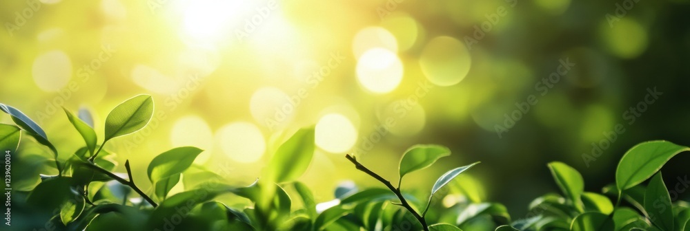 Poster bright sunlight filters through lush greenery in a tranquil forest during the early morning hours. g