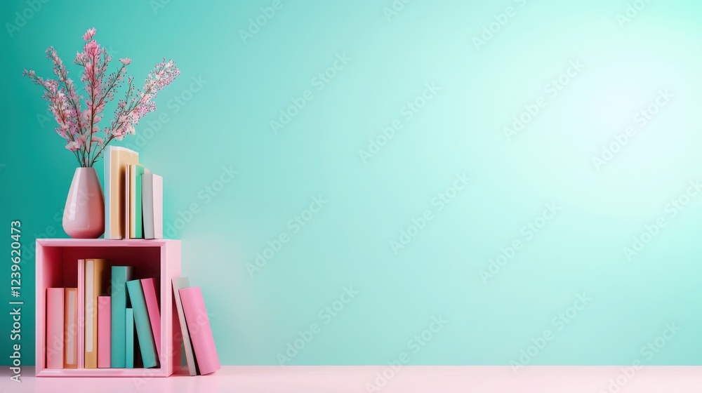 Poster dynamic and colorful bookshelf arrangement in minimalist setting home decor vibrant colors stylish v