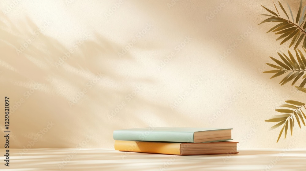 Poster floating bookshelf displaying colorful books in a modern room minimalist style bright environment ar