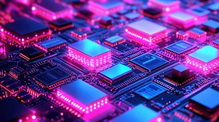 Obraz premium Glowing electronic circuit board with pink and blue lights, suitable for technology background