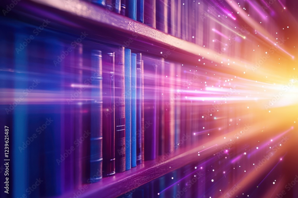 Aufkleber futuristic abstract library with glowing vibrant books digital realm visual art neon environment dyn