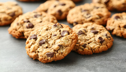 Delicious oatmeal cookies on grey table, closeup
