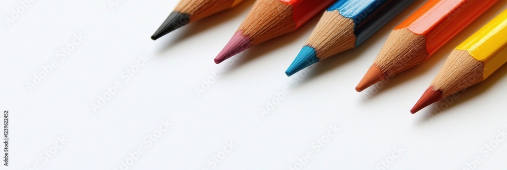 Poster colorful pencils arranged in a line on a white background ready for artistic expression. generative 