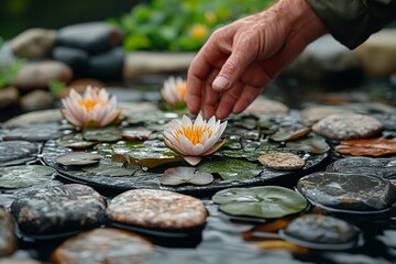  Landscape designer adjusting water lilies for perfect garden pond aesthetics and creation of tranquil outdoor spaces