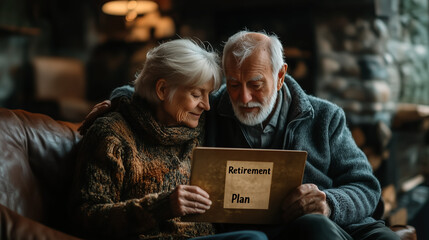 Photo of an elderly couple sitting together and looking at a 'Retirement Plan,' representing retirement planning, personal finance, and aging.