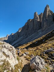Dolomites mountains panorama landscape view Italy-with mountain meadows,lakes and rocky and sharp mountain tops,Dolomite Alps mountains, Trentino Alto Adige region, Sudtirol

