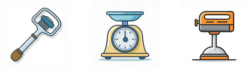 Three colorful illustrations: a hand-held sprayer, a classic kitchen scale, and a stand mixer.  Simple line art with a retro vibe.