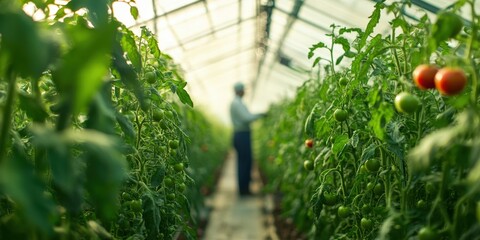 A greenhouse packed with thriving tomato plants, vines reaching upwards, a farmer inspecting each one carefully, controlled organic food production