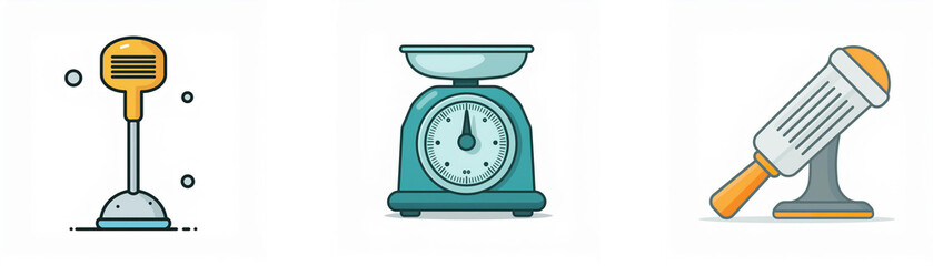 Simple illustrations of a gear shift, kitchen scale, and potato masher.  A colorful trio of household and kitchen items.