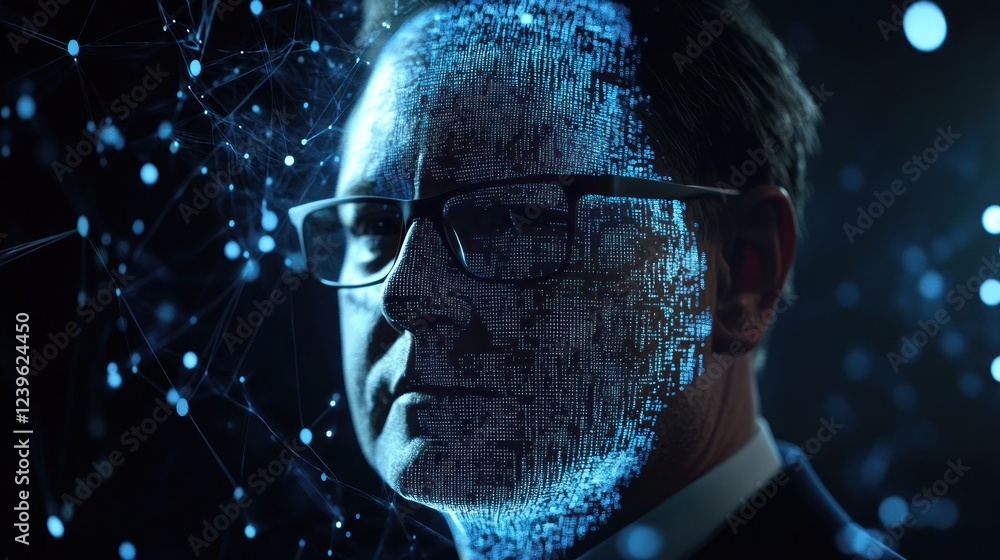 Poster digital identity concept of a man with data overlay for future technology