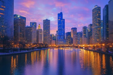 Fototapeta premium City skyline reflecting in calm river under twilight sky.