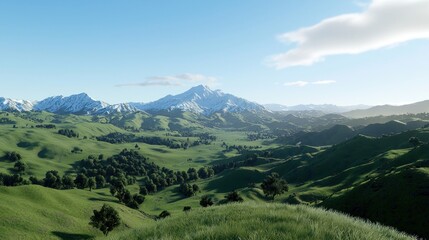 Fototapeta premium Serene Green Valley Landscape with Snowy Mountain Peaks
