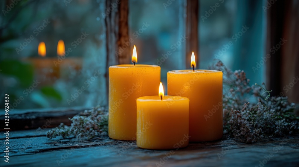 Poster three glowing yellow candles on a rustic wooden table near a window with a soft background glow