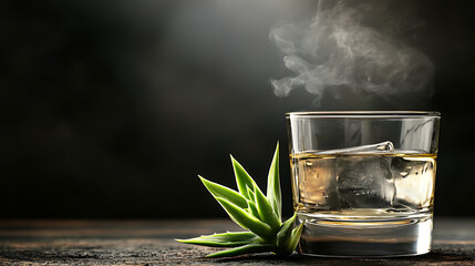 glass of mezcal with ice, surrounded by green agave leaves, exudes warmth and sophistication